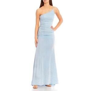 B. Darlin One-Shoulder Side Shirred Long Gown  DRESS  Periwinkle/Silver blue 1/2